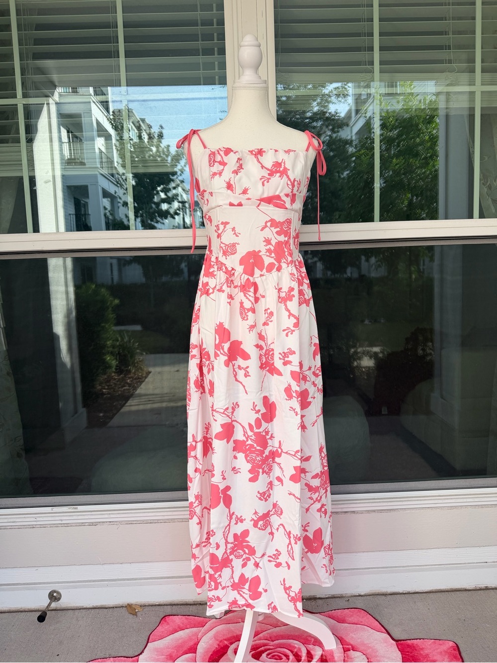 Coquette white midi Dress with Coral Pink Floral Print and Tie Straps| fairycore